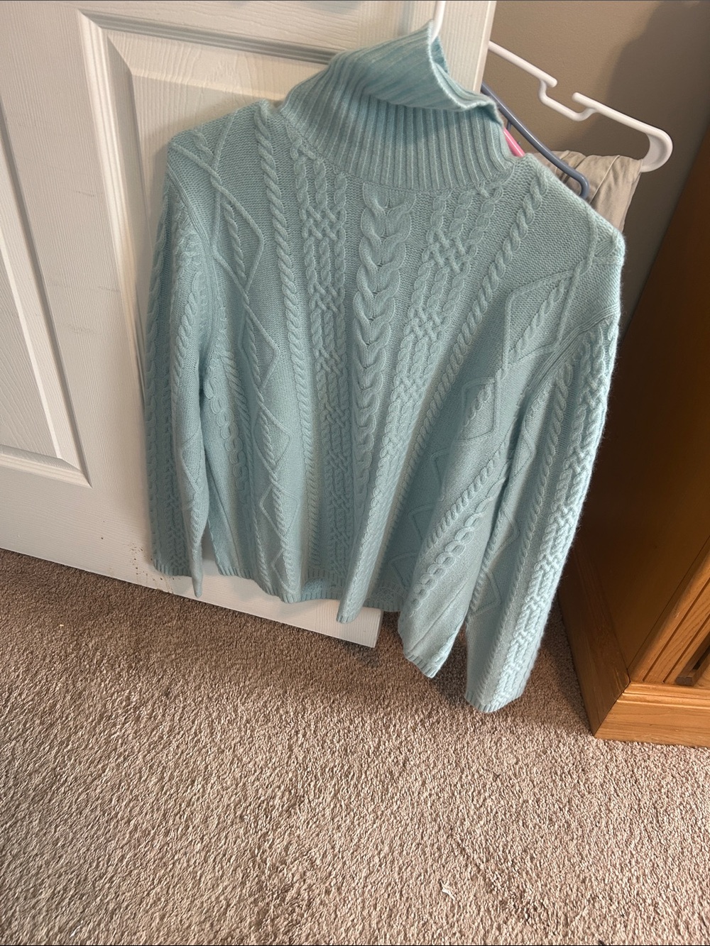 Cozy Light Aqua Cable Knit Turtleneck Sweater